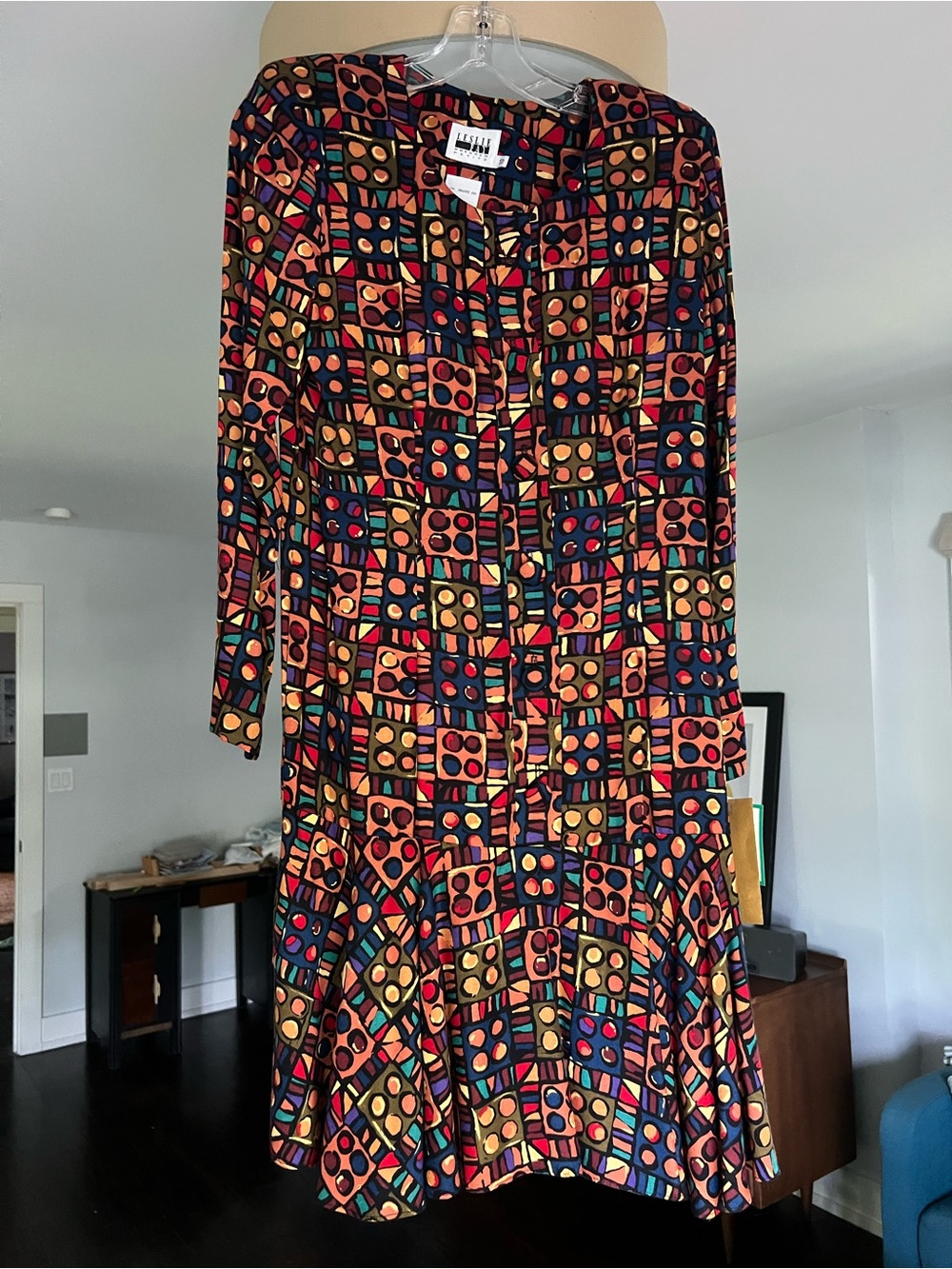 Vibrant Deadstock Leslie Fay Drop Waist Geo-Print Long Sleeve Dress